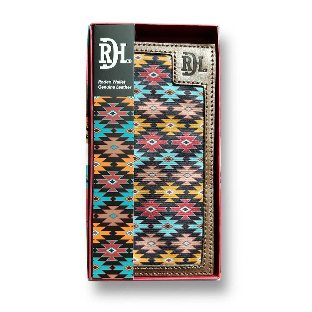 New Red Dirt Hat Co Brown Aztec Rodeo Bifold Slim Wallet Genuine Leather Western